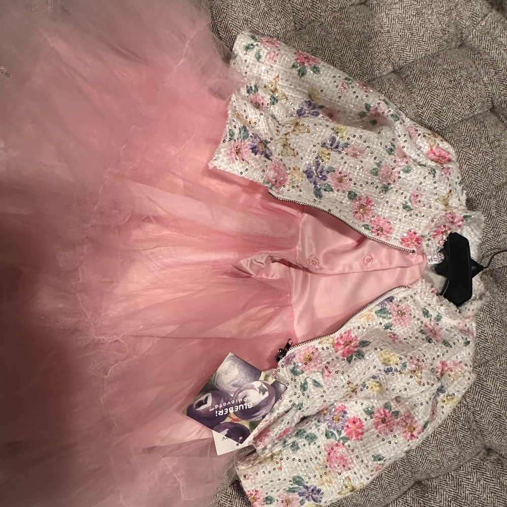 Blueberi Boulevard Pink Tulle Dress with Floral Sequin Jacket